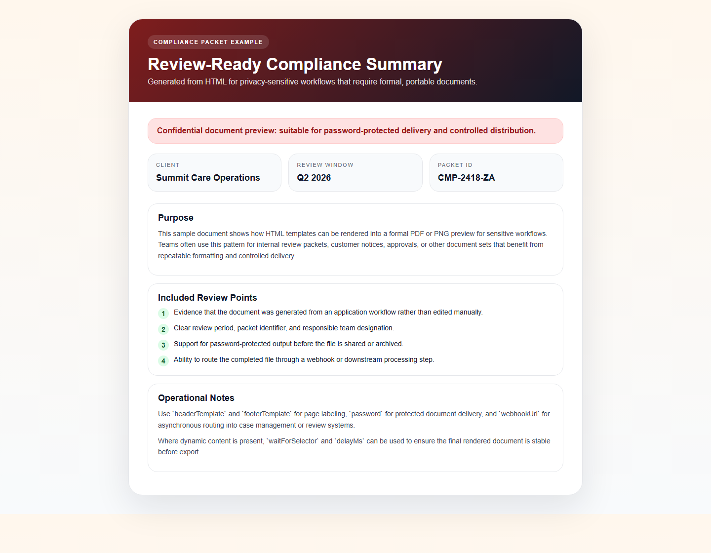 Preview of a rendered compliance document generated from HTML with XeroPDF