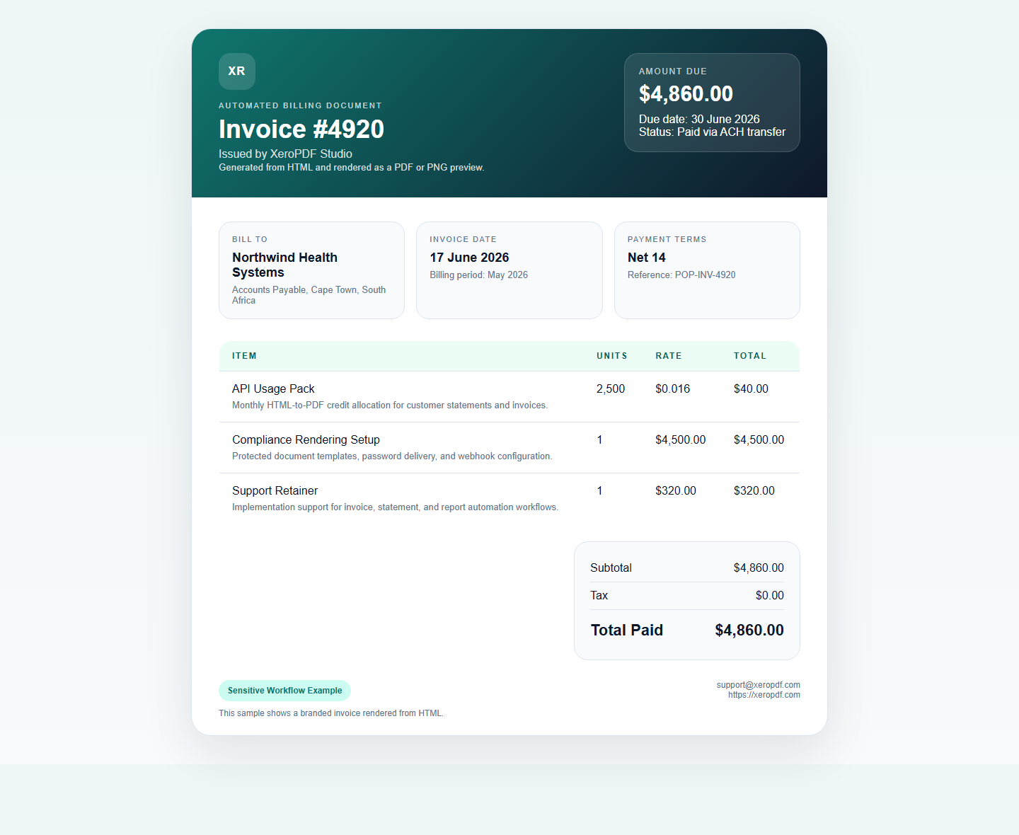 Preview of a rendered invoice document generated from HTML with XeroPDF